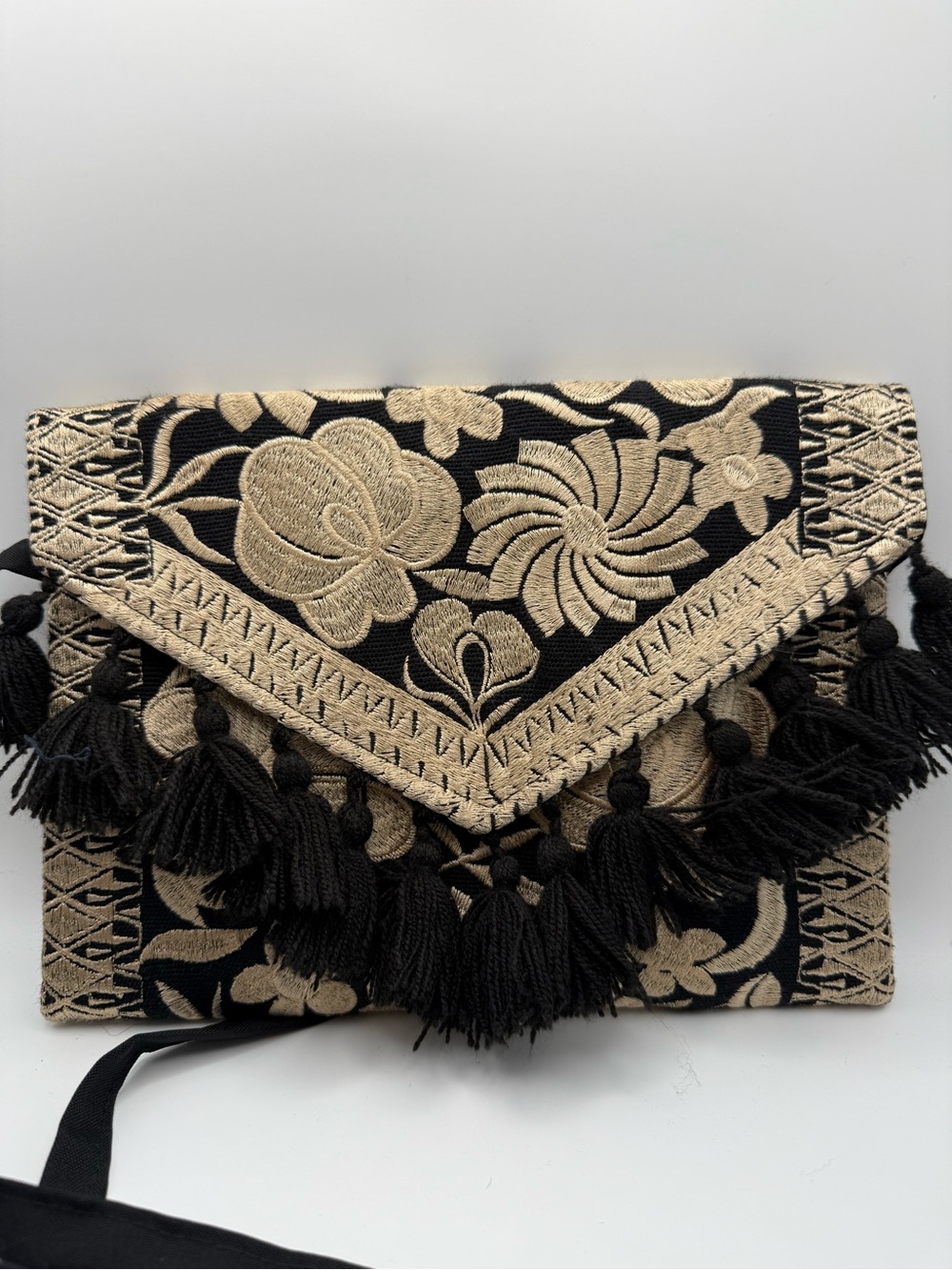 Embroidered Black & Gold Tassel Clutch